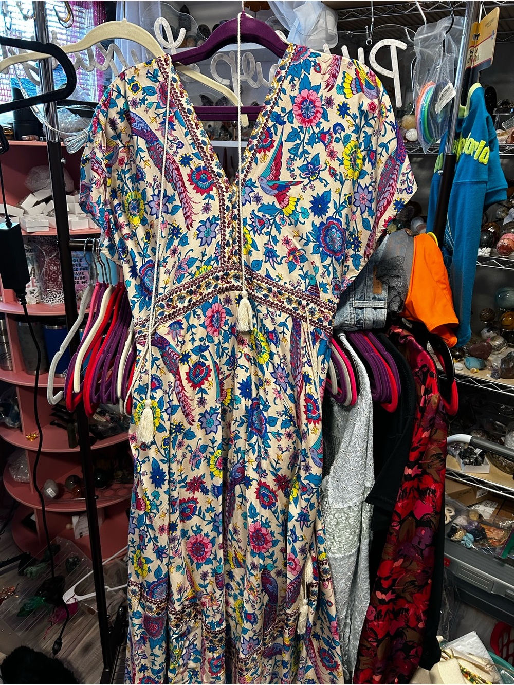 Source Unknown Cream Maxi Dress with Blue, Pink & Yellow Floral Print